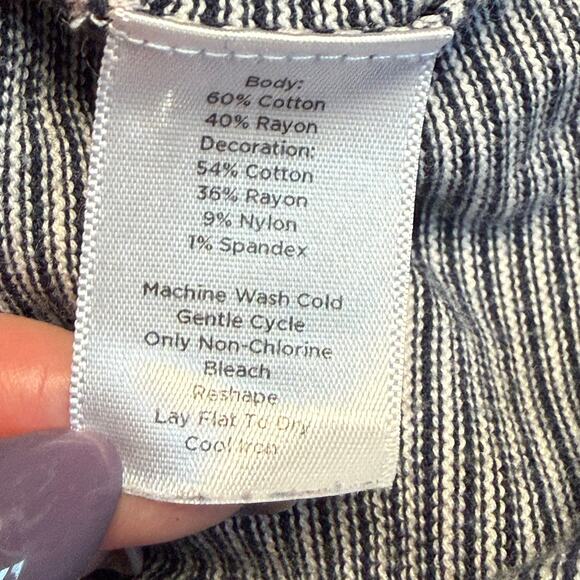 Talbots Navy White Stripe Cotton Blend Cardigan Sweater W. Ruffle Button Size M - Picture 4 of 4